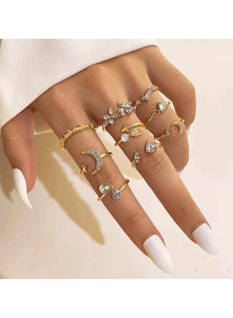 Huitich 9 Pcs Gold Crystal Moon & Arrow Ring Set Elegant Stackable Rings  - Image 5