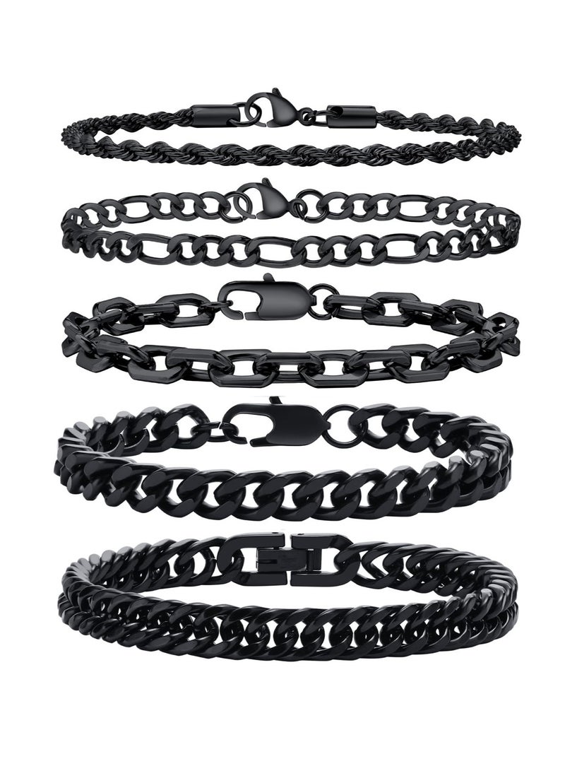 Excefore Chain Bracelet for Men Women, 5 Pcs Cuban Link Bracelet Necklace, Sturdy Stainless Steel Curb Width Cuban Link Chain Bracelet Set, for Men Women (L: 21 CM) - Image 1