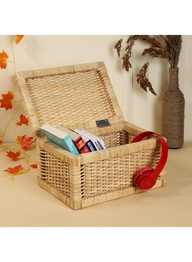 AKWAY wicker water hyacinth kauna grass bamboo cane Storage Basket with Lids Rectangular Handwoven Wicker Organizer Baskets Desktop Storage Box Rattan Container Desk Basket Bins(13"L x 9"W x 6"H) - Image 1