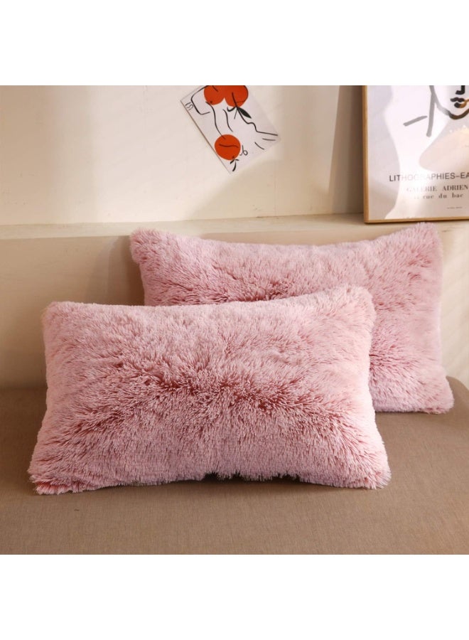Throw Pillow Cases, Plush Shaggy Ultra Soft Pillow Covers,  Velvet Decorative Pillowcases, Set Of 2 (King, Pink Ombre)  - Image 1