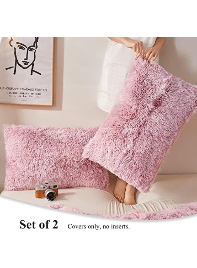 Throw Pillow Cases, Plush Shaggy Ultra Soft Pillow Covers,  Velvet Decorative Pillowcases, Set Of 2 (King, Pink Ombre)  - Image 2