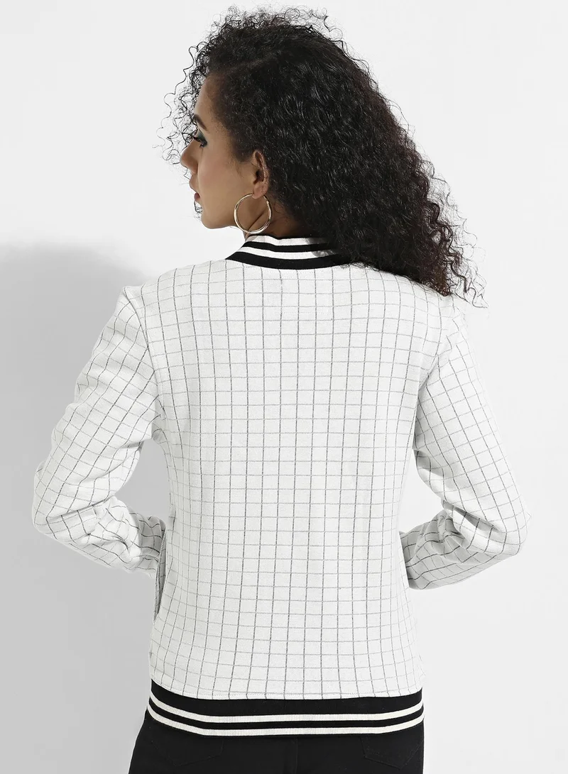 Pinacolada  Women's Grey Zip-Front Checkered Jacket With Contrast Hem for Women | Best Price UAE