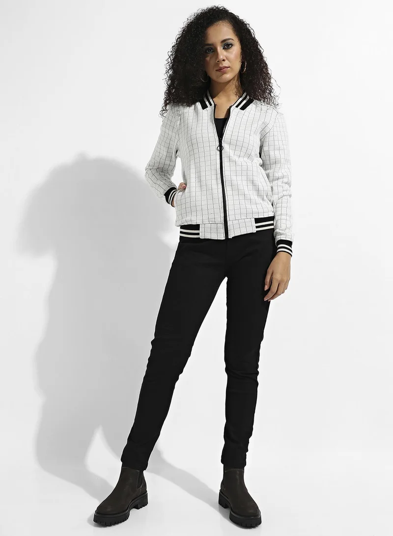 Pinacolada  Women's Grey Zip-Front Checkered Jacket With Contrast Hem for Women | Best Price UAE