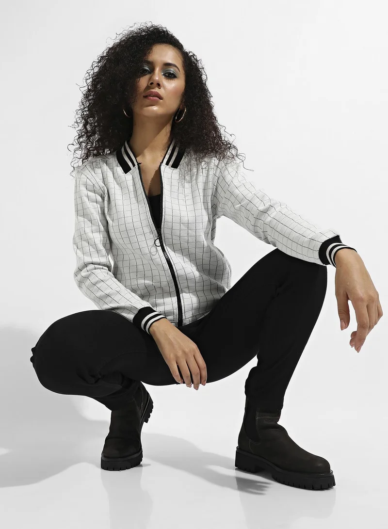 Pinacolada  Women's Grey Zip-Front Checkered Jacket With Contrast Hem for Women | Best Price UAE