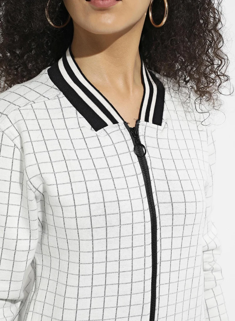 Pinacolada  Women's Grey Zip-Front Checkered Jacket With Contrast Hem for Women | Best Price UAE