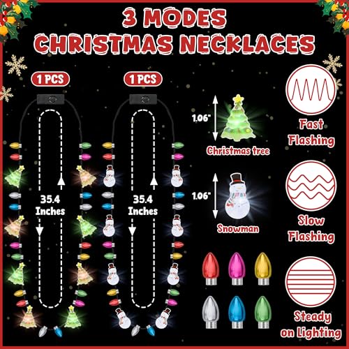 Traplace 2PCS Christmas Light Necklace Light up 3 Modes Christmas Accessories Multicolor Xmas Tree Snowman Designs Wearable Festive Light up Decor for Xmas Theme Party Supplies Ugly Sweater Decorations - Image 5