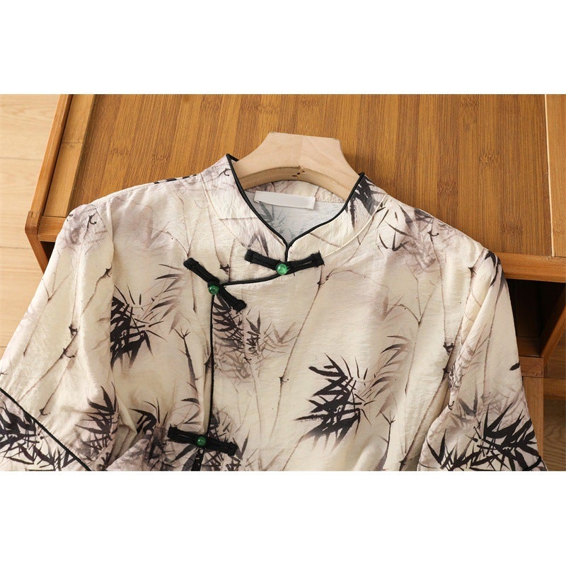 2024 New Chinese Silk Linen Printed Cheongsam Collar Top Vintage Linen Shirt - Image 4
