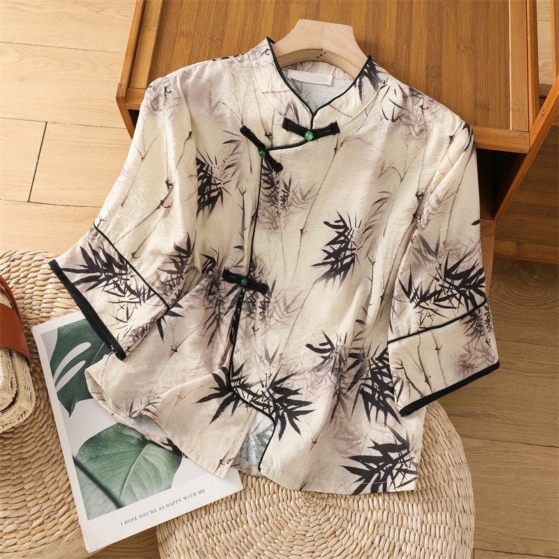 2024 New Chinese Silk Linen Printed Cheongsam Collar Top Vintage Linen Shirt - Image 5