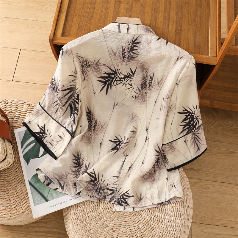 2024 New Chinese Silk Linen Printed Cheongsam Collar Top Vintage Linen Shirt - Image 3