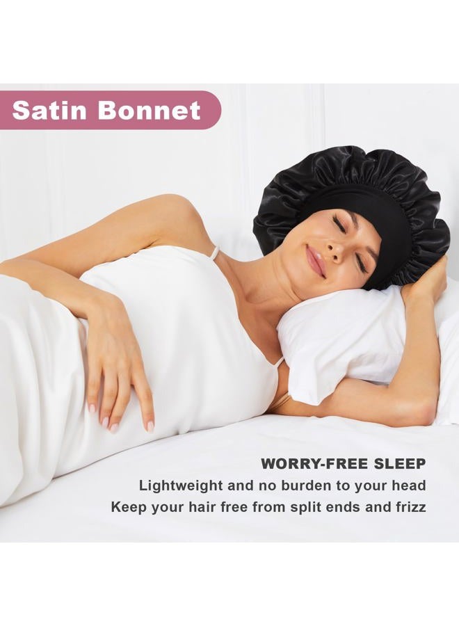 LEADUWAY 4Pcs Satin Bonnet Silk Bonnet, Hair Bonnet for Sleeping, Elastic Wide Band Silk Sleep Cap, Soft and Breathable Silk Hair Wrap for Sleeping (Black Purple Pink Blue) - Image 2
