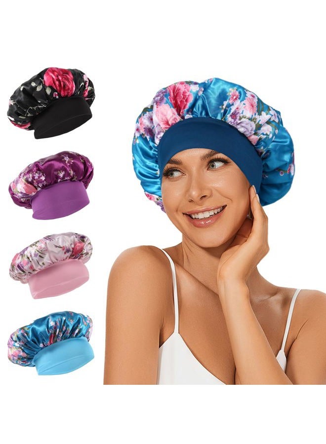 LEADUWAY 4Pcs Satin Bonnet Silk Bonnet, Hair Bonnet for Sleeping, Elastic Wide Band Silk Sleep Cap, Soft and Breathable Silk Hair Wrap for Sleeping (Black Purple Pink Blue) - Image 1