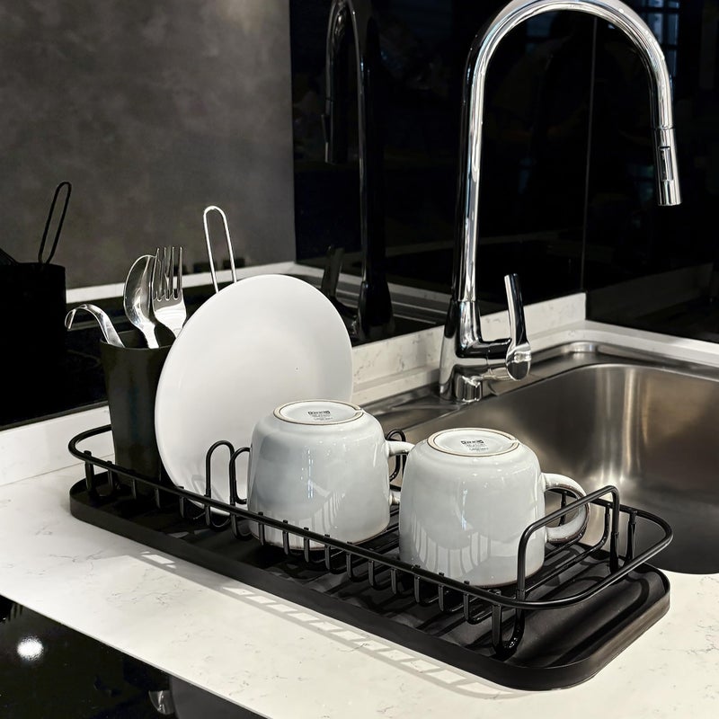 SunnyPoint 304 Stainless Steel NeverRust Compact Dish Drying Rack with Utensil Holder & Removable Drain Tray, Rustproof Small Dish Rack for Kitchen Countertop or Over Sink â€“ Black - Image 2