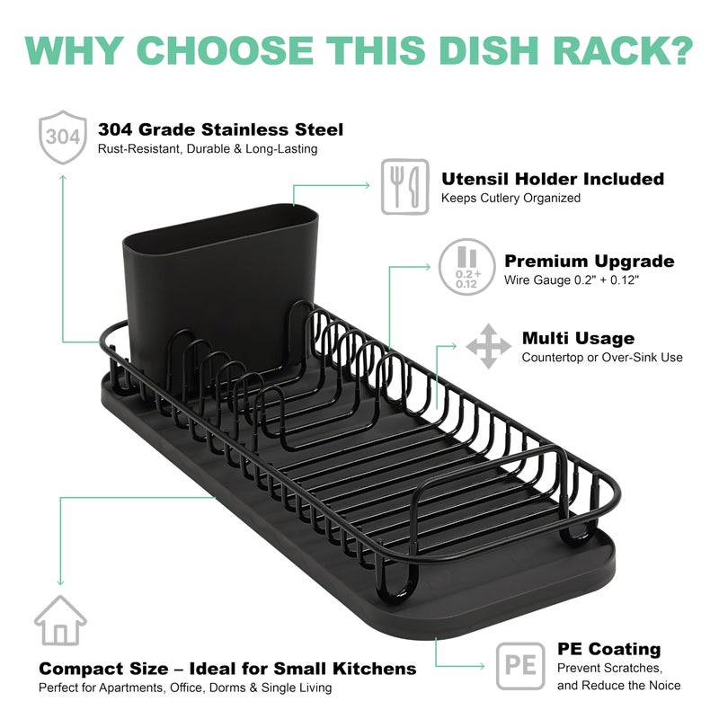 SunnyPoint 304 Stainless Steel NeverRust Compact Dish Drying Rack with Utensil Holder & Removable Drain Tray, Rustproof Small Dish Rack for Kitchen Countertop or Over Sink â€“ Black - Image 5