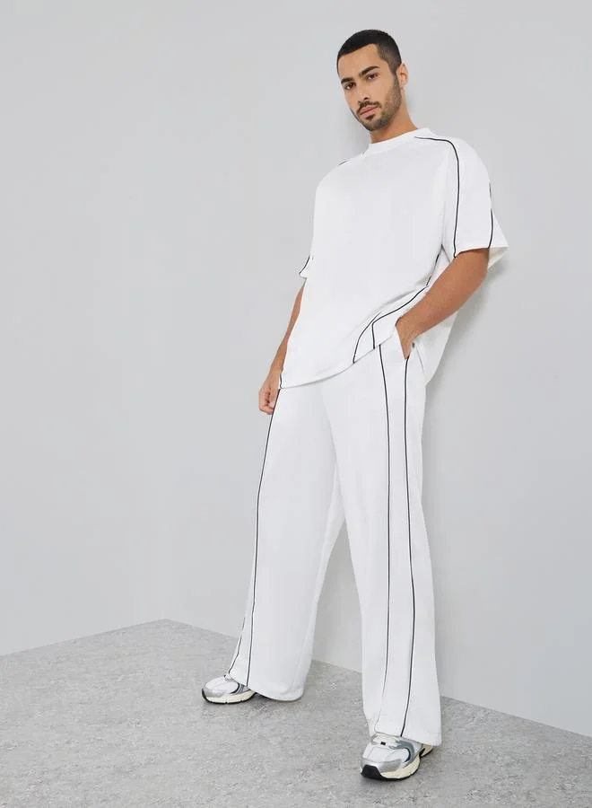 Styli Men White Oversized Piping Detail T-Shirt and Pants Co-Ords