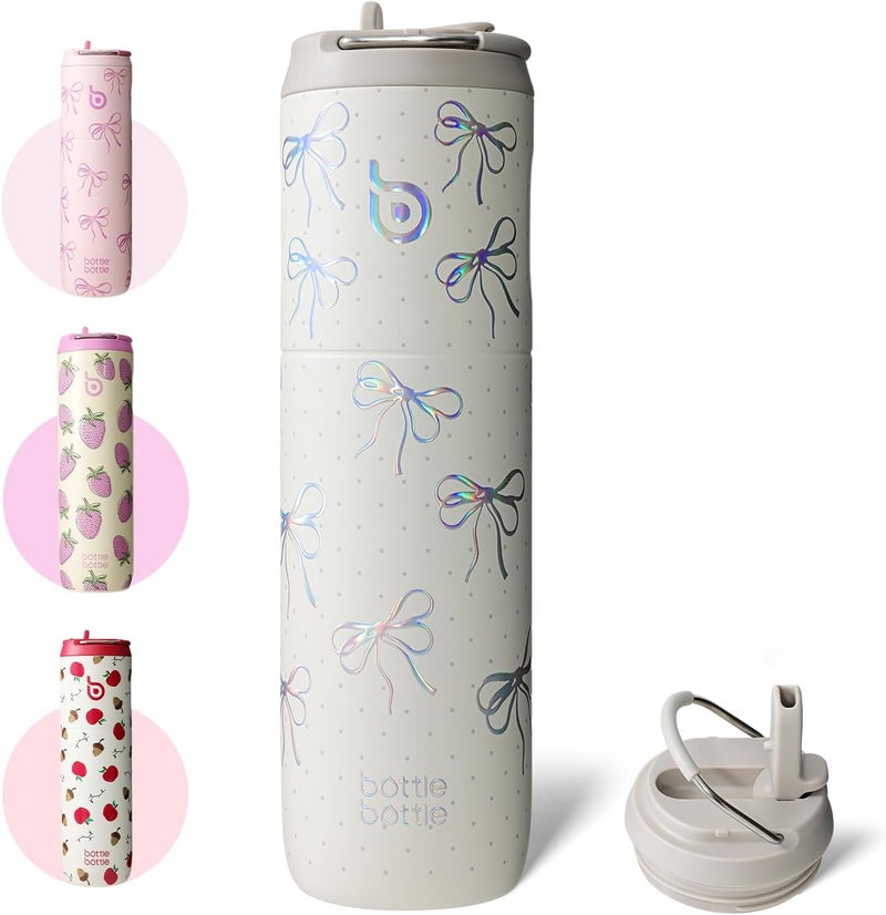 bottle bottle Insulated Water Bottle 24oz with Straw Lid and Handle for Sports Travel Gym Stainless Steel Water Bottles Double-Wall Vacuum Metal Leak Proof BPA-Free (Bling Bow) - Image 1