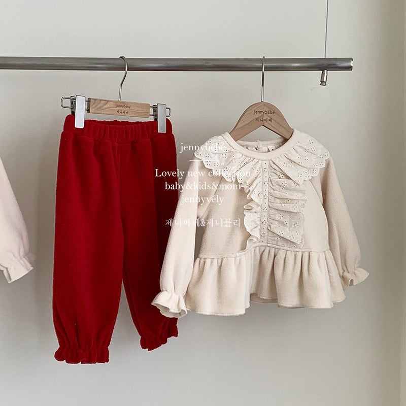 Jenny childrens clothing girls autumn and winter suit childrens Christmas clothes womens treasure lace collar sweater pants annual clothing in stock | suit