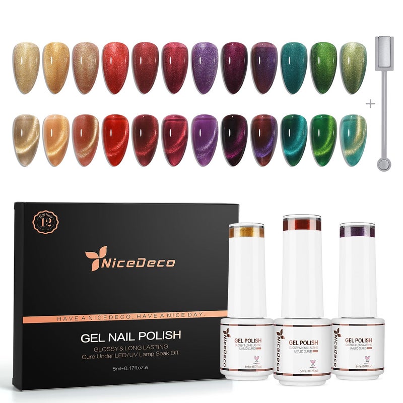 Nicedeco Cat Eye Gel Nail Polish, Hema Free, Cruelty Free, Vegan, High Gloss Long Lasting Soak Off LED U V Gel 12 Colors Kit 11 - Image 1
