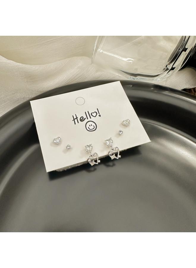 S925 Stud Earrings Suit Exquisite Light Luxury Niche Design Sense Female Zircon Bow Lovely Sweet Earrings 
