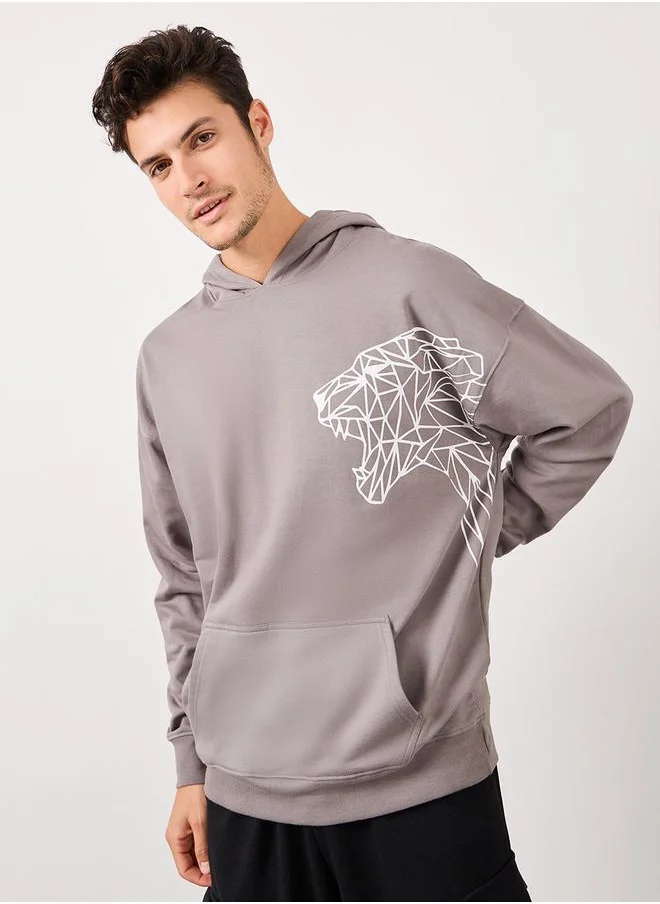 Styli Tiger Placement Print Fleece Oversized Hoodie