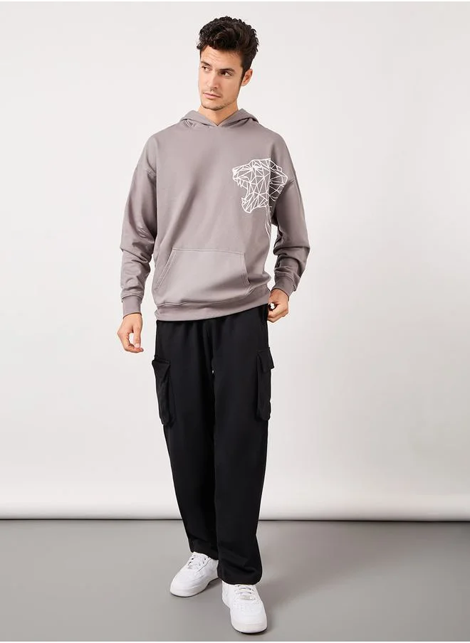 Styli Tiger Placement Print Fleece Oversized Hoodie