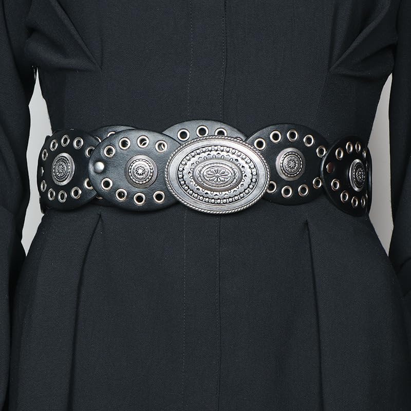 Mealah Women Western-Belts Wide-Hollow-Disc-Leather-Belt Metal Buckle Vintage Soft Belt for Jeans Dresses - Image 4