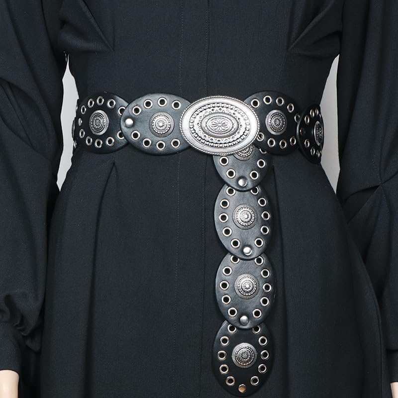 Mealah Women Western-Belts Wide-Hollow-Disc-Leather-Belt Metal Buckle Vintage Soft Belt for Jeans Dresses - Image 3