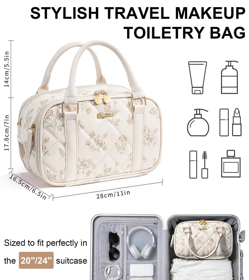 Bagstellar Travel Makeup Bag, Large Capacity Quilted Toiletry Bag for Women Stand-up Cosmetic Bag Open Flat Make Up Case Organizer Portable Pouch Purse w/Handle for Traveling Accessories Beige Floral - Image 2