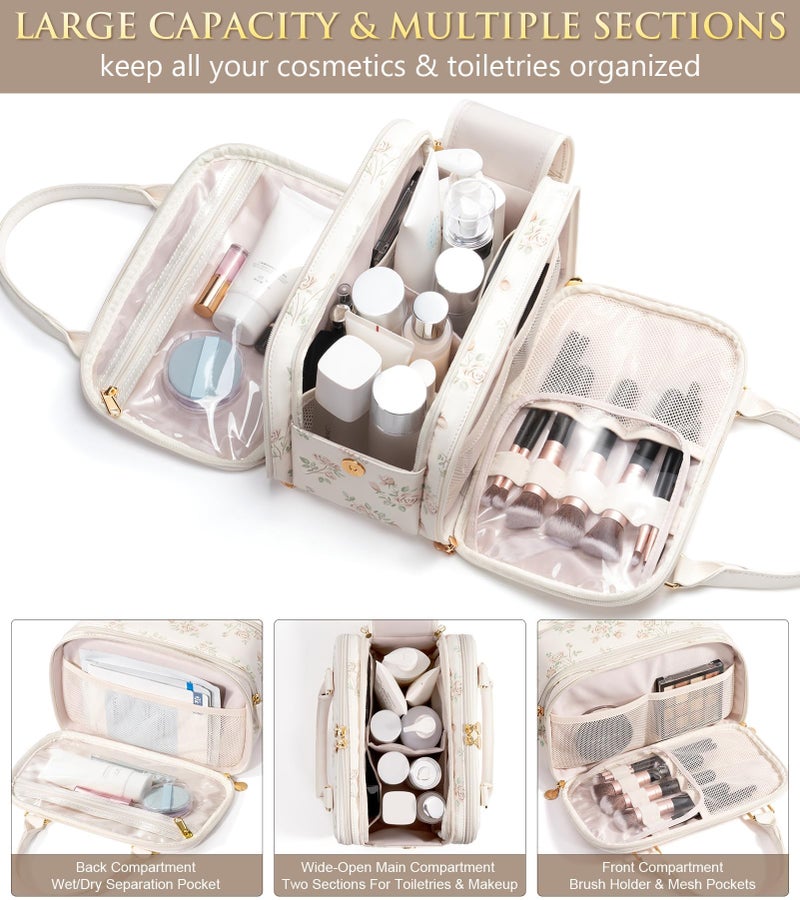 Bagstellar Travel Makeup Bag, Large Capacity Quilted Toiletry Bag for Women Stand-up Cosmetic Bag Open Flat Make Up Case Organizer Portable Pouch Purse w/Handle for Traveling Accessories Beige Floral - Image 3