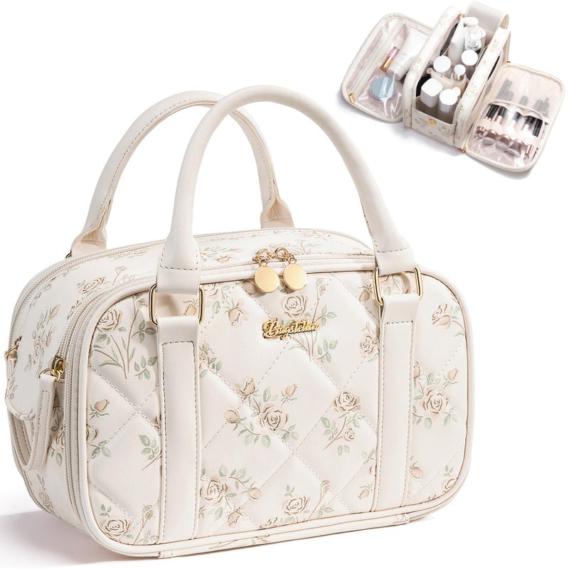 Bagstellar Travel Makeup Bag, Large Capacity Quilted Toiletry Bag for Women Stand-up Cosmetic Bag Open Flat Make Up Case Organizer Portable Pouch Purse w/Handle for Traveling Accessories Beige Floral - Image 1