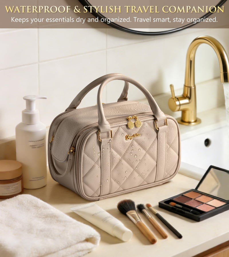 Bagstellar Travel Makeup Bag, Large Capacity Quilted Toiletry Bag for Women Stand-up Cosmetic Bag Open Flat Make Up Case Organizer Portable Pouch Purse w/Handle for Traveling Accessories Beige Floral - Image 5