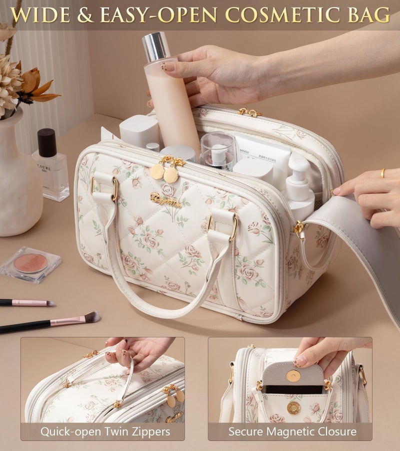 Bagstellar Travel Makeup Bag, Large Capacity Quilted Toiletry Bag for Women Stand-up Cosmetic Bag Open Flat Make Up Case Organizer Portable Pouch Purse w/Handle for Traveling Accessories Beige Floral - Image 4