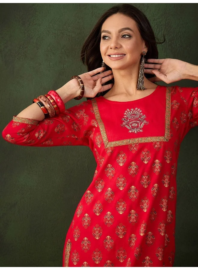 AKS Red Rayon Gold Printed Kurta Set
