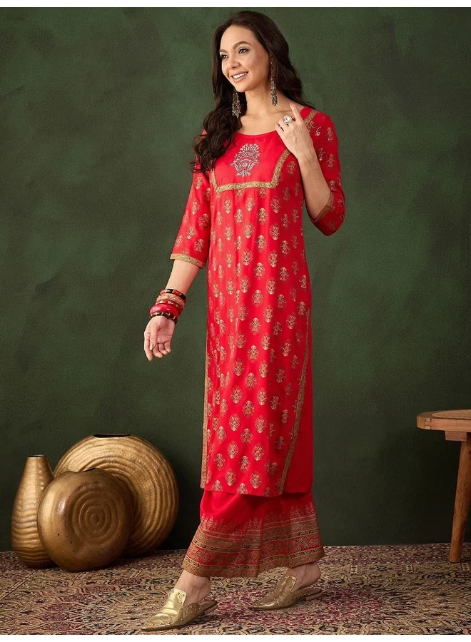 AKS Red Rayon Gold Printed Kurta Set