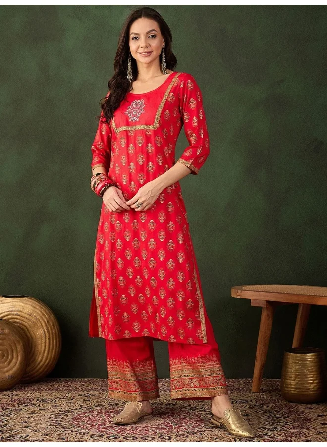 AKS Red Rayon Gold Printed Kurta Set