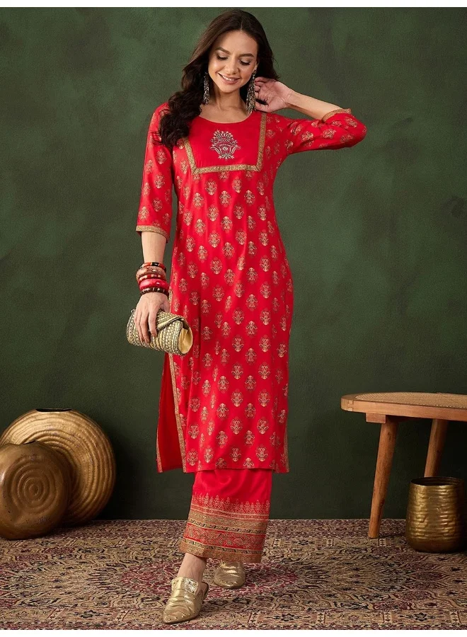 AKS Red Rayon Gold Printed Kurta Set