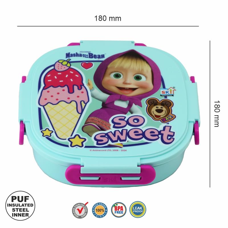 SKi Homeware SKI Baker Steel Lunch Box for Kids, 3 Compartment Insulated School Tiffin with Spoon, Leak-Proof, BPA Free, Bento Box for Boys & Girls, Birthday Gifts, Party Favours - Masha & the Bear - Image 2