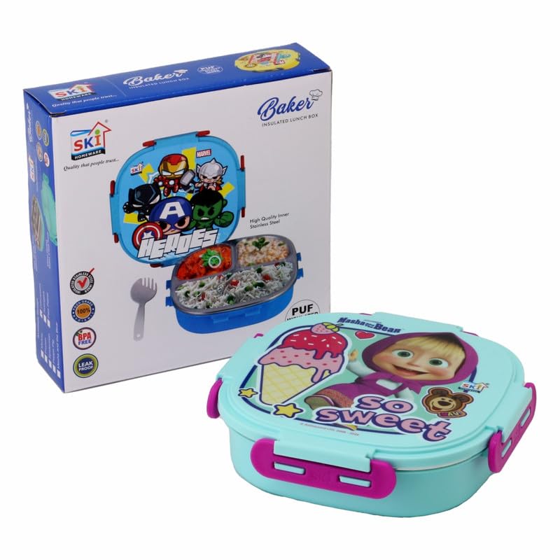 SKi Homeware SKI Baker Steel Lunch Box for Kids, 3 Compartment Insulated School Tiffin with Spoon, Leak-Proof, BPA Free, Bento Box for Boys & Girls, Birthday Gifts, Party Favours - Masha & the Bear - Image 5