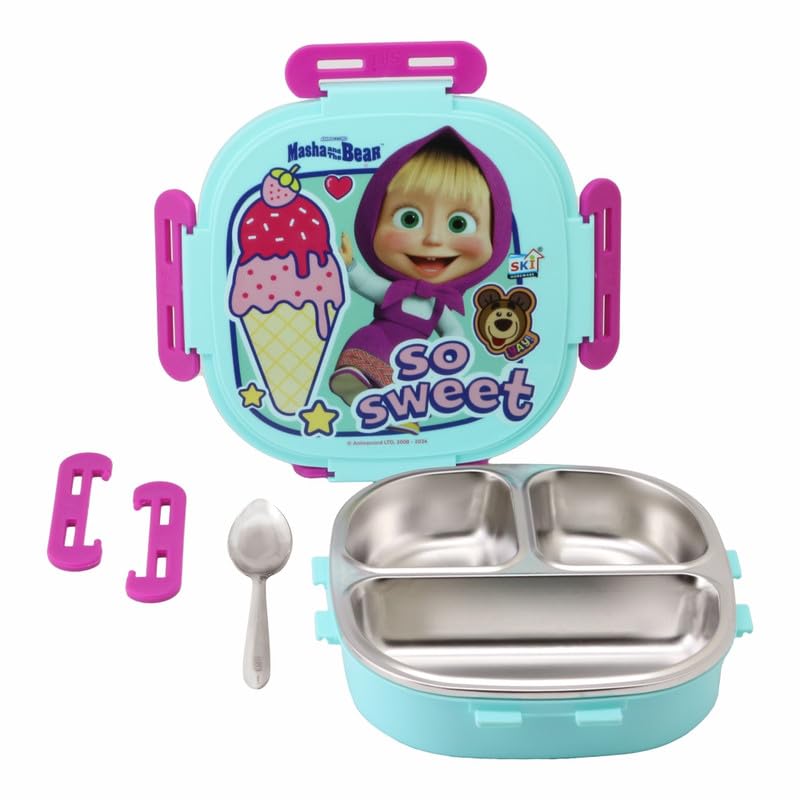 SKi Homeware SKI Baker Steel Lunch Box for Kids, 3 Compartment Insulated School Tiffin with Spoon, Leak-Proof, BPA Free, Bento Box for Boys & Girls, Birthday Gifts, Party Favours - Masha & the Bear - Image 3
