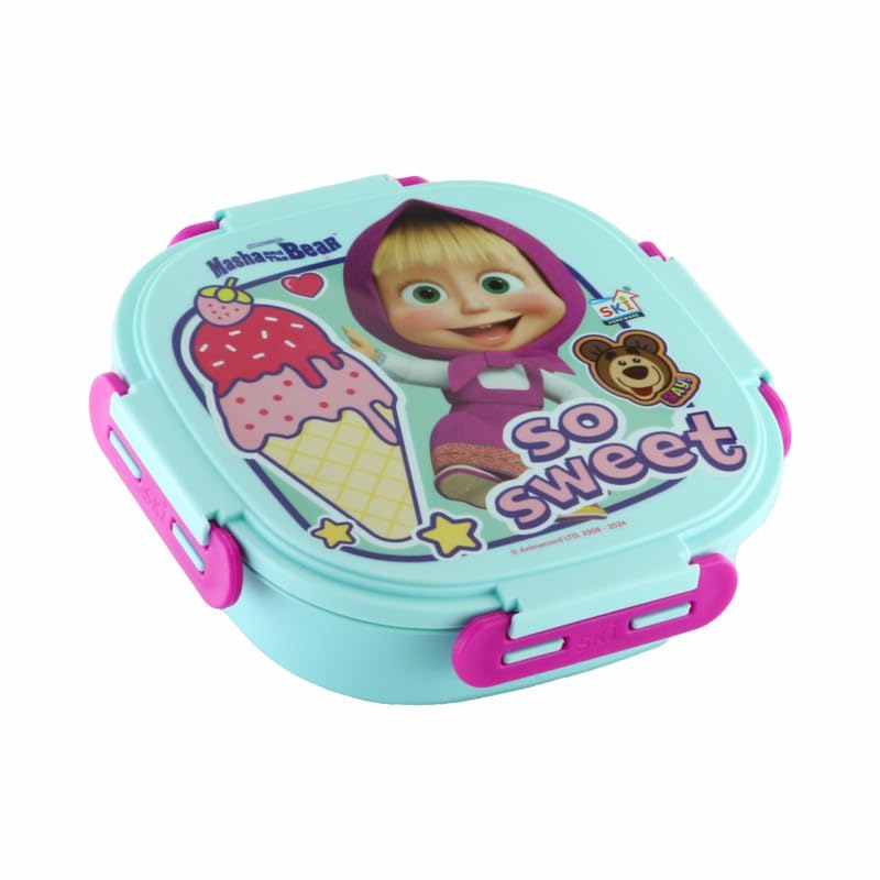 SKi Homeware SKI Baker Steel Lunch Box for Kids, 3 Compartment Insulated School Tiffin with Spoon, Leak-Proof, BPA Free, Bento Box for Boys & Girls, Birthday Gifts, Party Favours - Masha & the Bear - Image 1