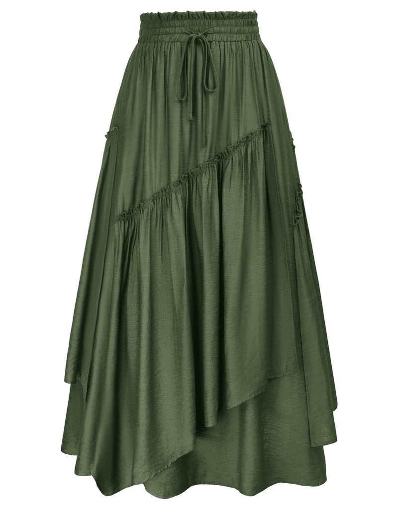 Scarlet Darkness Women Victorian Ruffled Drawstring Asymmetric Skirt Plus Size Army Green XL