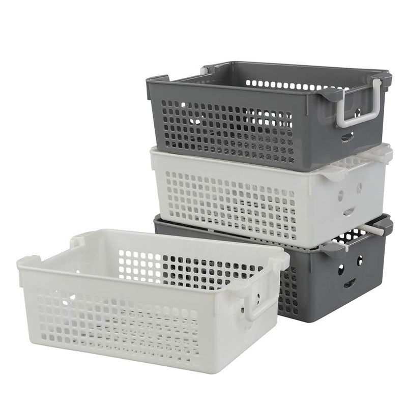Doryh Stackable Plastic Storage BasketsBins Organizer with Handles Set of 4 White Grey