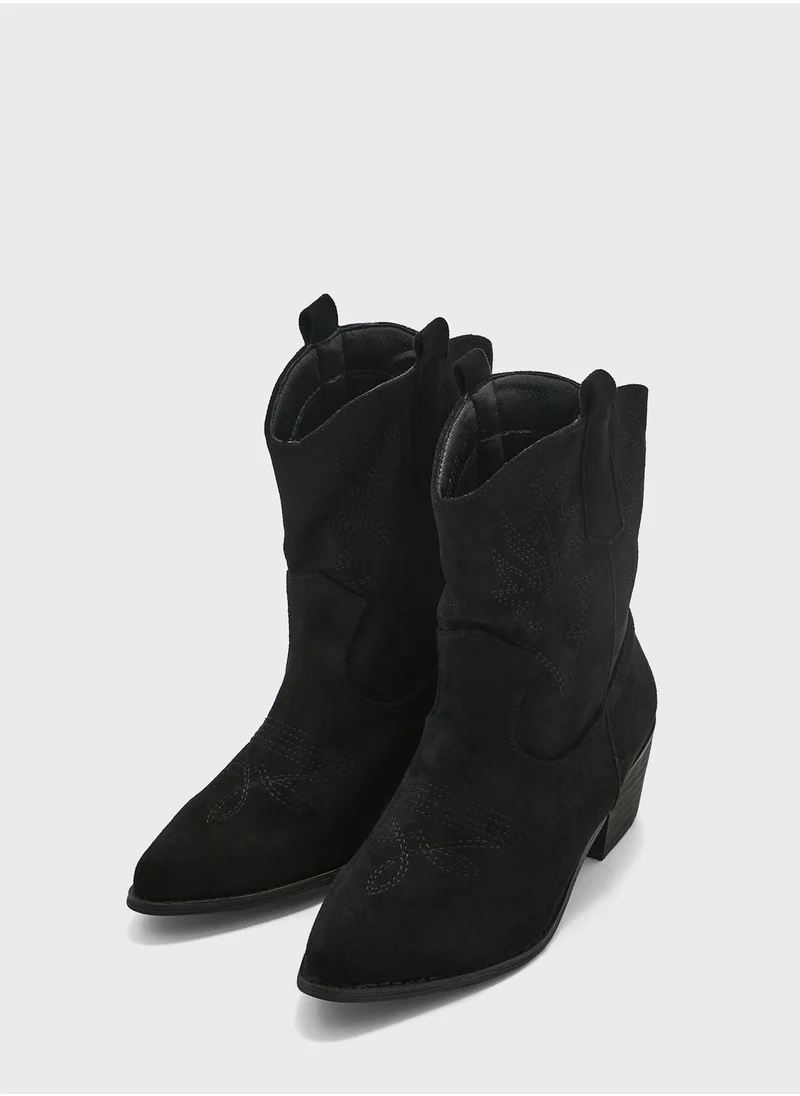 ELLA Embroidered Suede Cowboy Ankle Boots