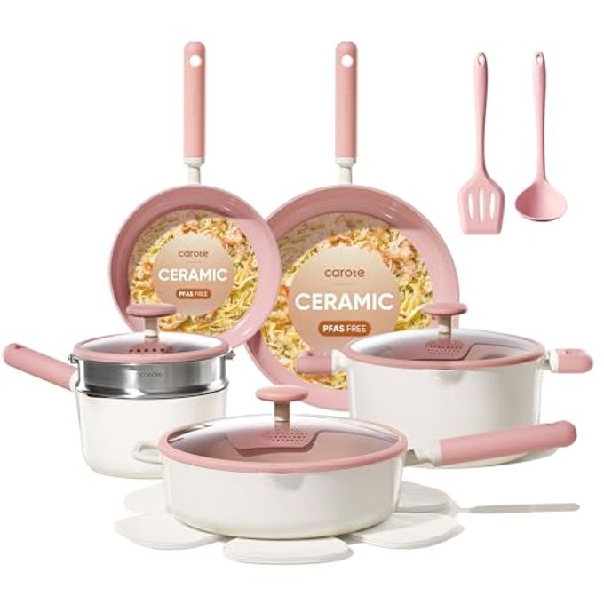 CAROTE Ceramic Cookware Set Nonstick, 15pcs Pots and Pans Set Non stick, Non Toxic Cookware,Dishwasher,RV/Camping Cookware Set, Pan and Pot with Kitchen Utensils, Pink