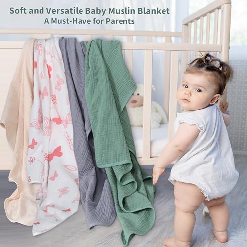 GUNTAIL Muslin Swaddle Blankets for Newborn 2 Pack Breathable Soft Receiving Blanket Large 41 x 41 inches Swaddle Wrap Burping Clothes Essentials Infant Shower Items Gray Pink Butterfly - Image 3