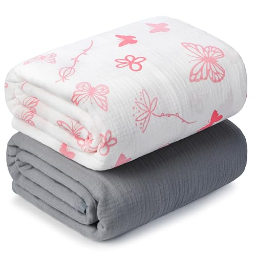 GUNTAIL Muslin Swaddle Blankets for Newborn 2 Pack Breathable Soft Receiving Blanket Large 41 x 41 inches Swaddle Wrap Burping Clothes Essentials Infant Shower Items Gray Pink Butterfly - Image 1