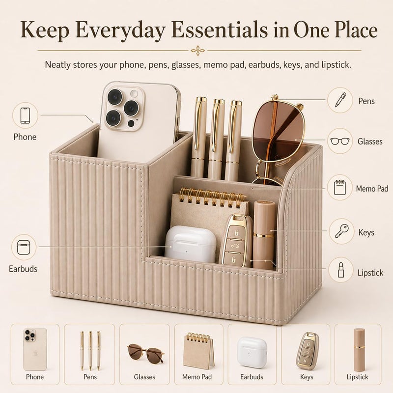 KINGFOM Desk Pen Organizer Office Supplies Caddy Pu Leather Multi-function Storage Box Pen/Pencil,Cell phone, Business Name Cards Remote Control Holder (Mocha Beige) - Image 5