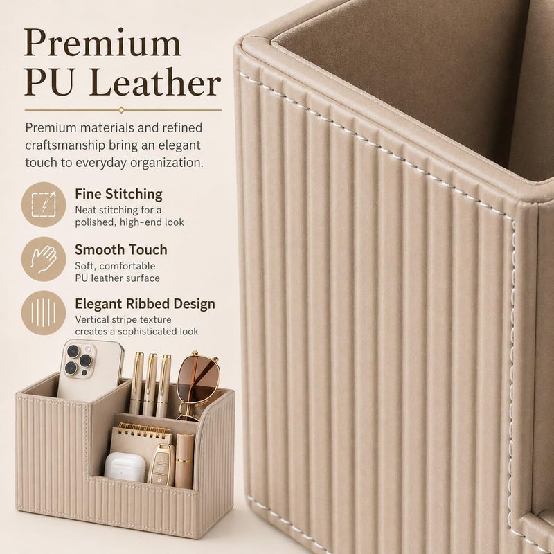 KINGFOM Desk Pen Organizer Office Supplies Caddy Pu Leather Multi-function Storage Box Pen/Pencil,Cell phone, Business Name Cards Remote Control Holder (Mocha Beige) - Image 4