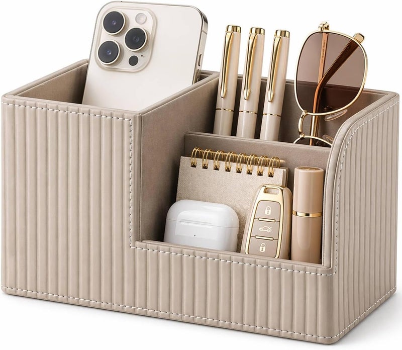 KINGFOM Desk Pen Organizer Office Supplies Caddy Pu Leather Multi-function Storage Box Pen/Pencil,Cell phone, Business Name Cards Remote Control Holder (Mocha Beige) - Image 1