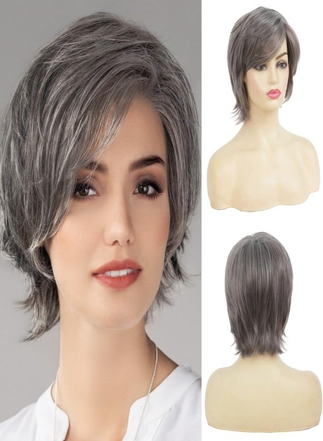 Kaneles Gray Short Wigs with Bangs Natural Fluffy Synthetic Hair Wigs for Women Grey Hair Replacement Wigs for Daily Use - Image 1