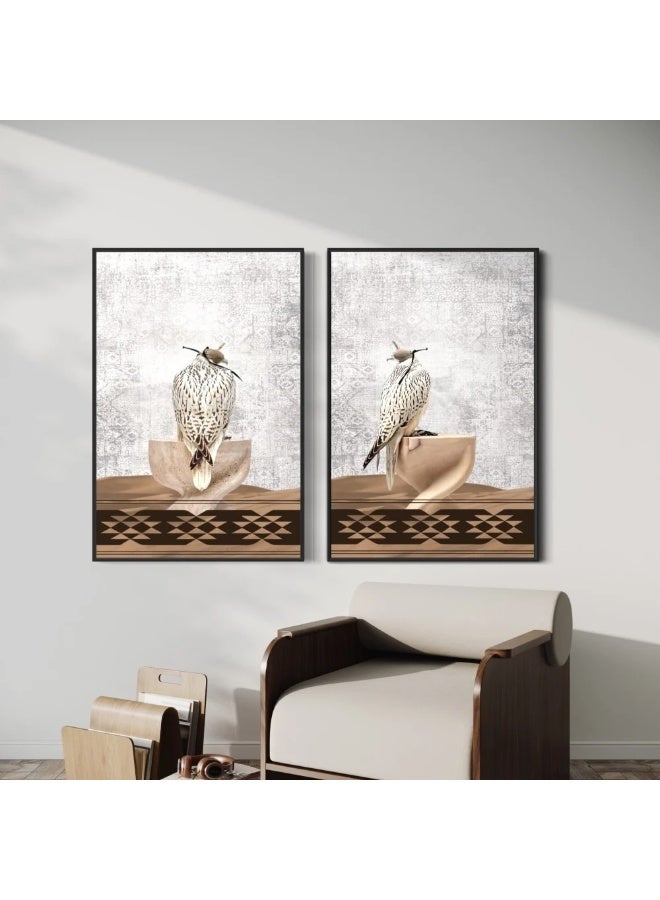 طقم لوحات جدارية مودرن بتصميم صقر عربي وزخارف تراثية - قطعتان - Image 1